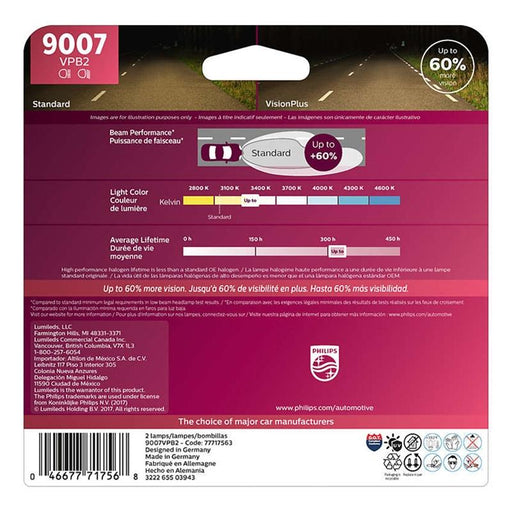 Philips Vision Plus 9007 65/55W + 60% More Light Two Bulb Headlight